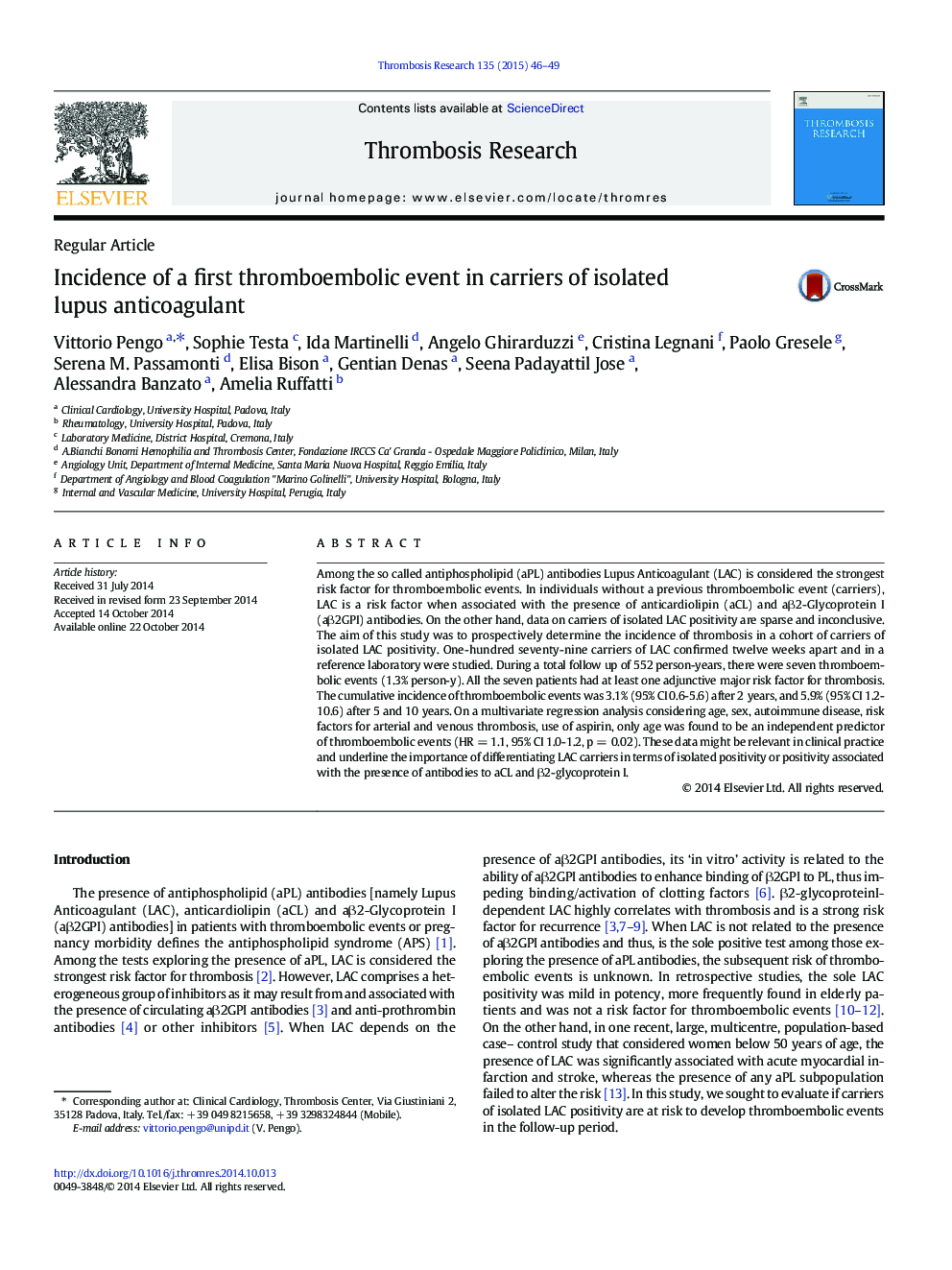 Incidence of a first thromboembolic event in carriers of isolated lupus anticoagulant