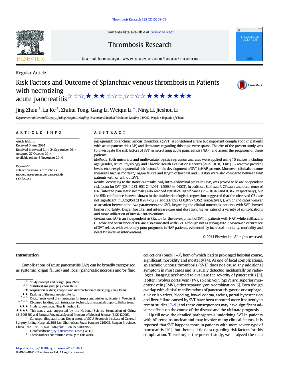 Risk Factors and Outcome of Splanchnic venous thrombosis in Patients with necrotizing acute pancreatitis ★★★★★★★★★★