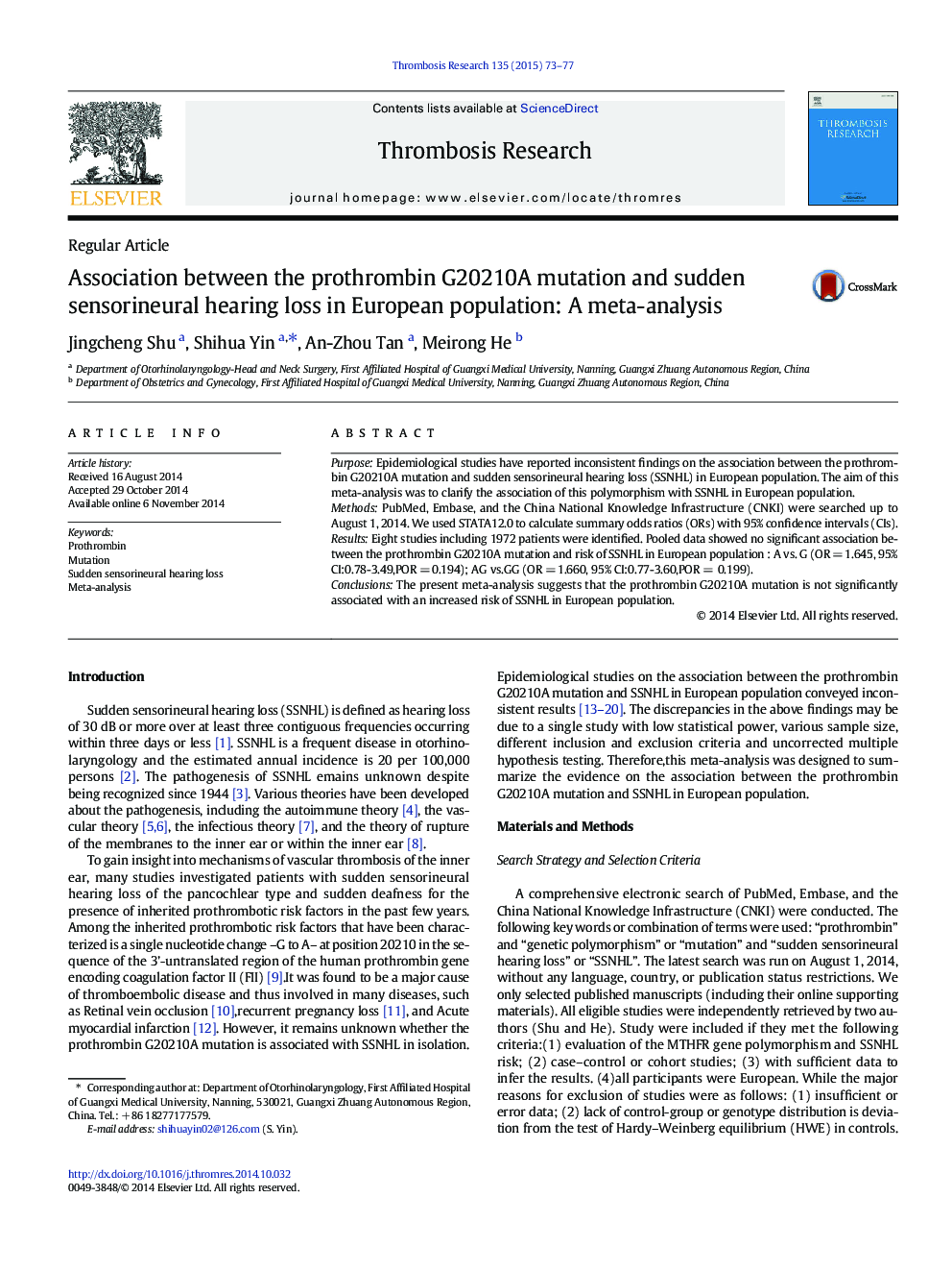 Association between the prothrombin G20210A mutation and sudden sensorineural hearing loss in European population: A meta-analysis