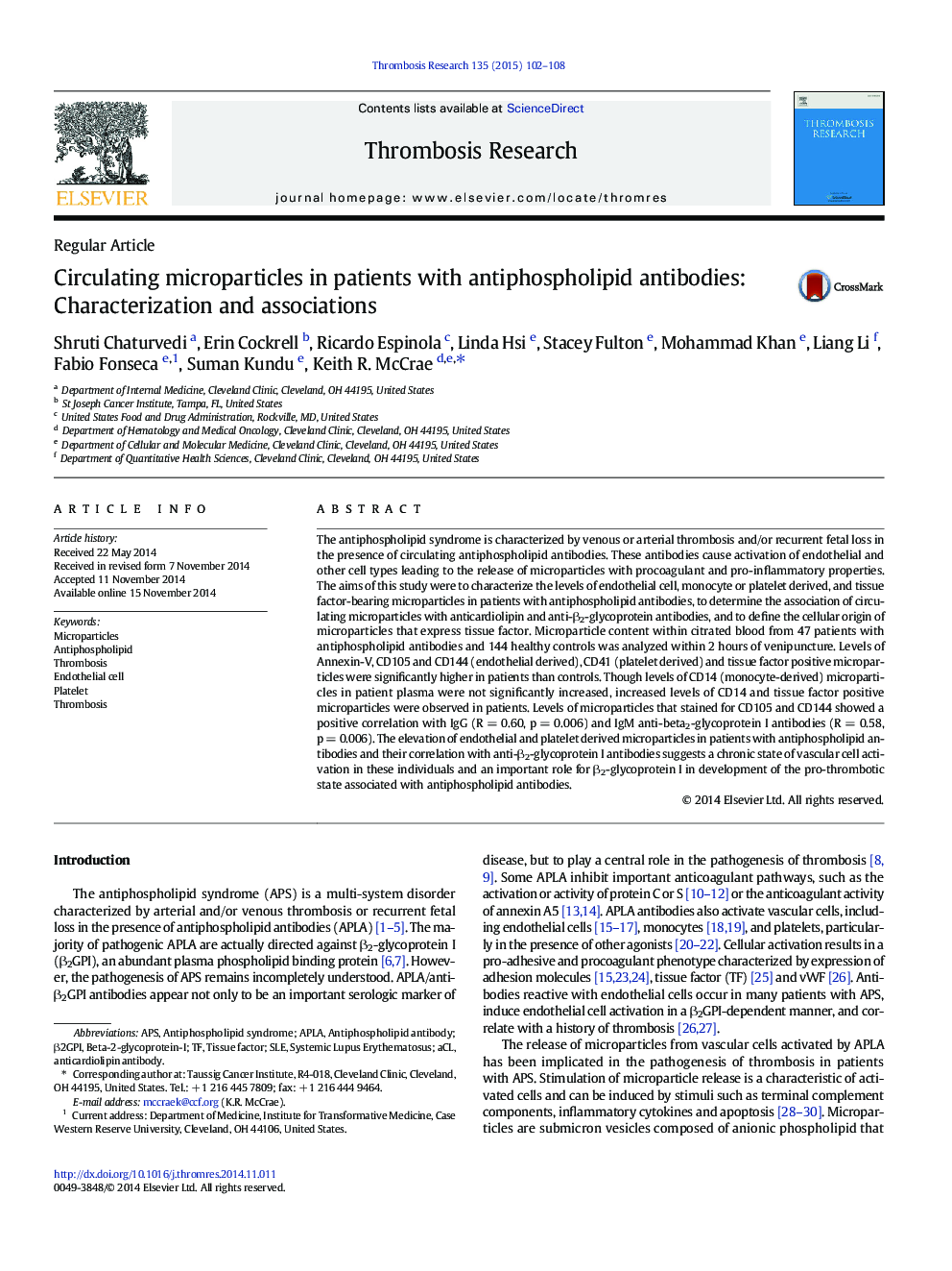 Circulating microparticles in patients with antiphospholipid antibodies: Characterization and associations