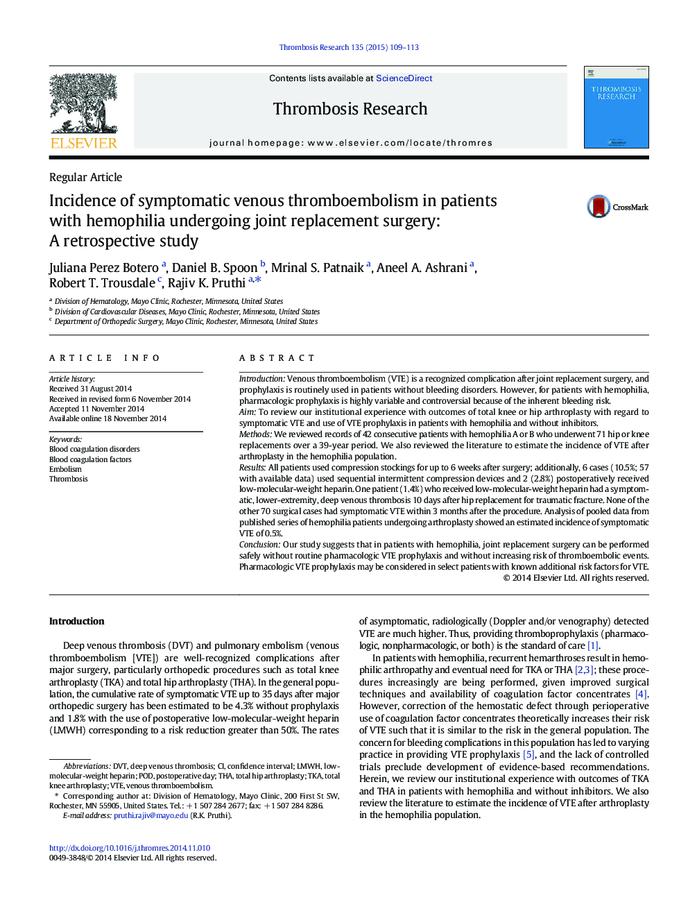 Incidence of symptomatic venous thromboembolism in patients with hemophilia undergoing joint replacement surgery: A retrospective study