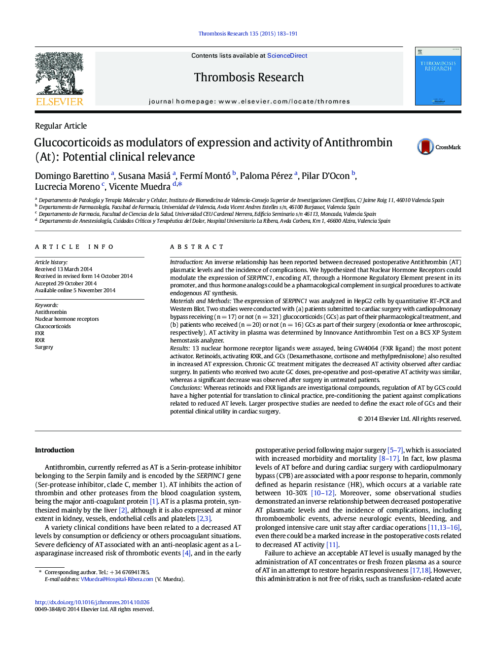 Glucocorticoids as modulators of expression and activity of Antithrombin (At): Potential clinical relevance