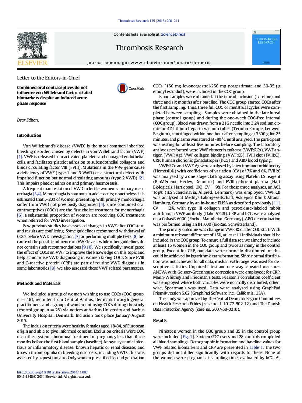 Combined oral contraceptives do not influence von Willebrand factor related biomarkers despite an induced acute phase response