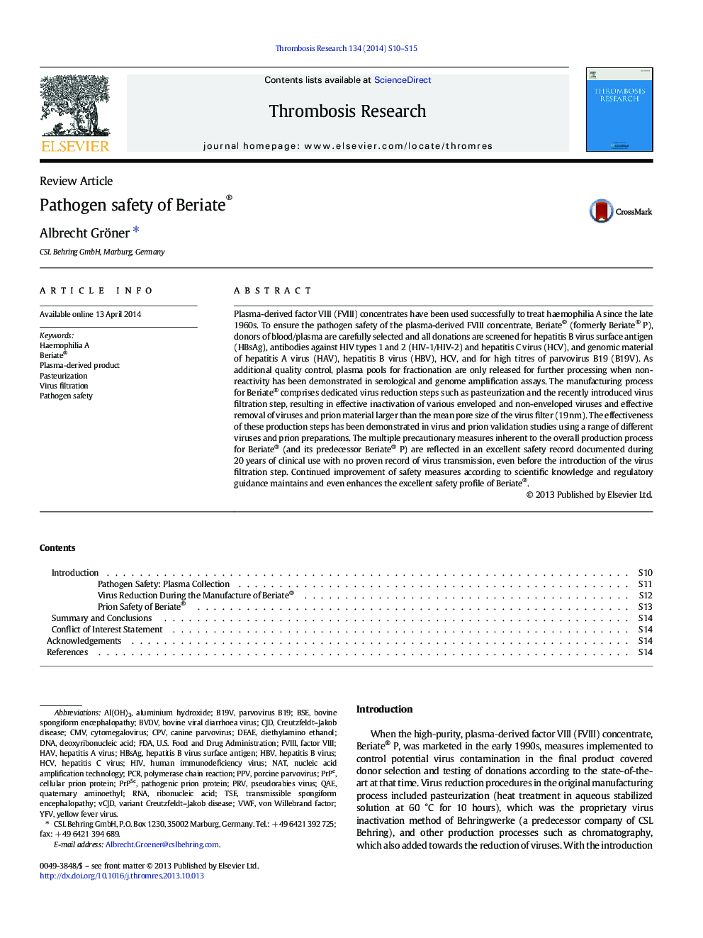 Pathogen safety of Beriate®