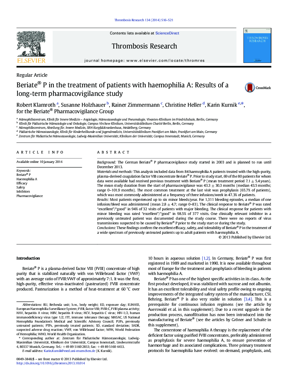 Beriate® P in the treatment of patients with haemophilia A: Results of a long-term pharmacovigilance study