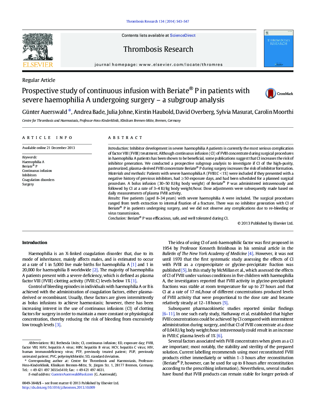 Prospective study of continuous infusion with Beriate® P in patients with severe haemophilia A undergoing surgery – a subgroup analysis