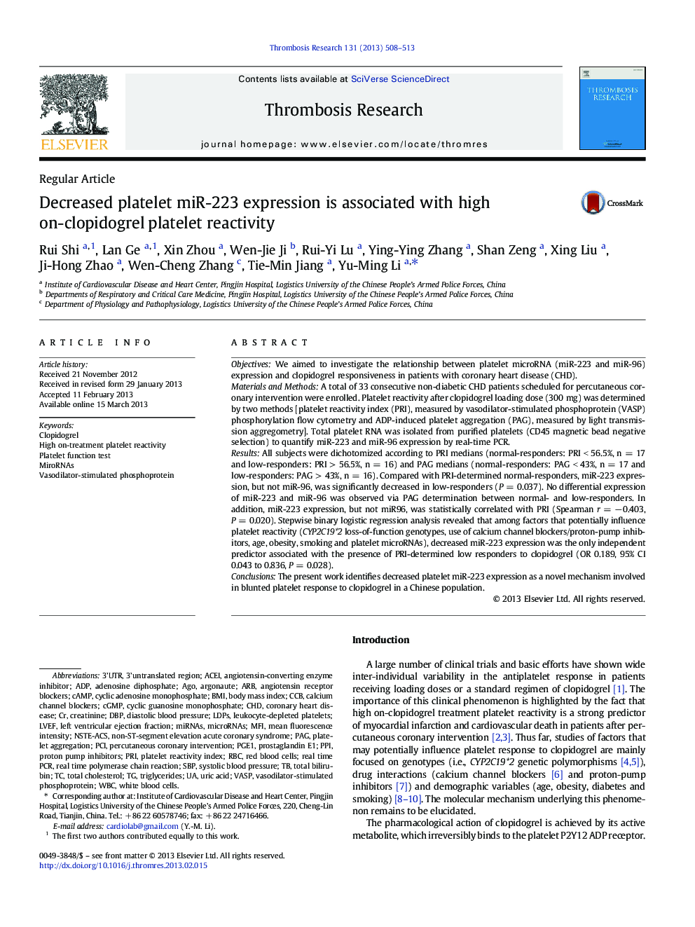 Decreased platelet miR-223 expression is associated with high on-clopidogrel platelet reactivity