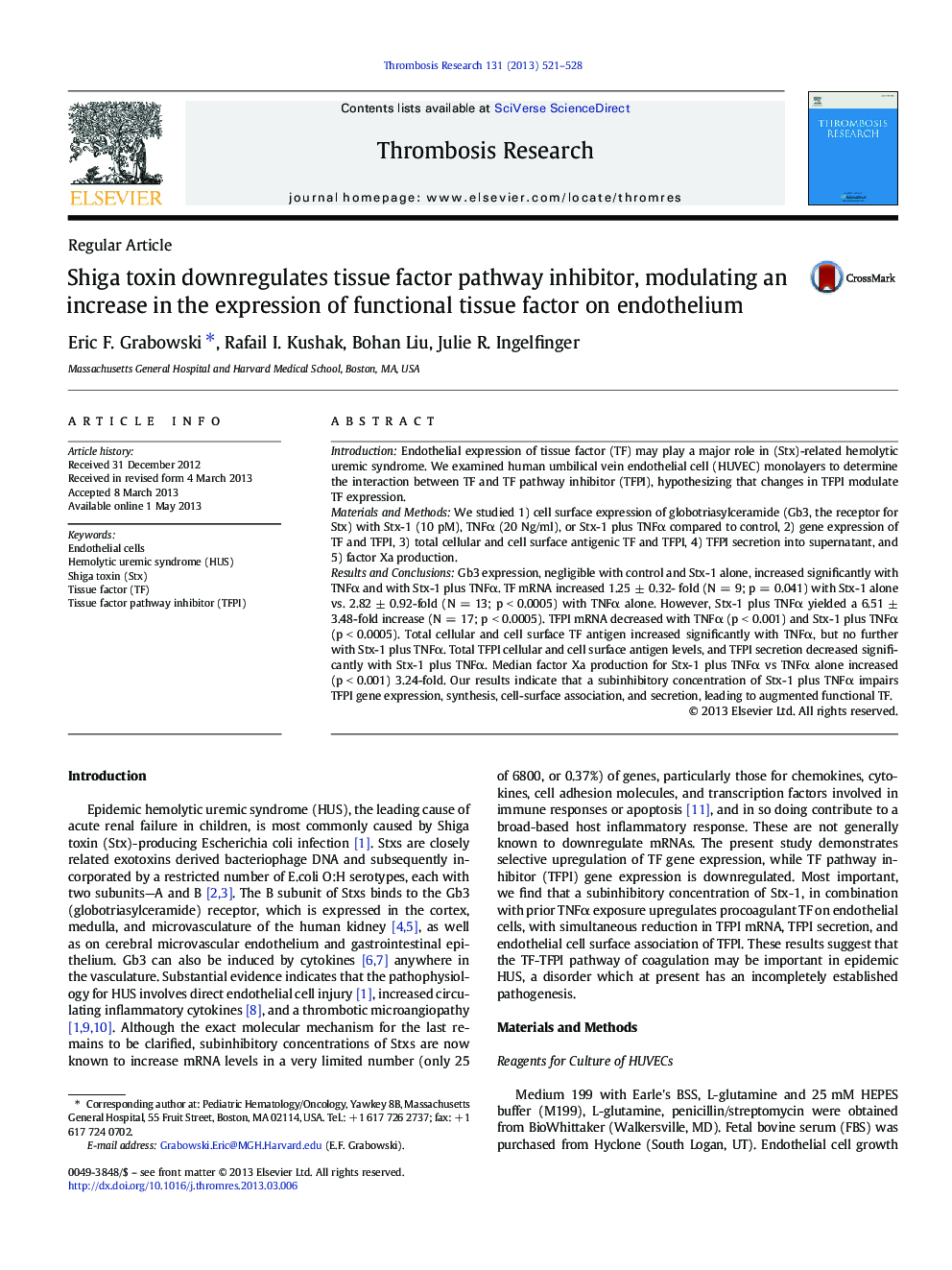 Shiga toxin downregulates tissue factor pathway inhibitor, modulating an increase in the expression of functional tissue factor on endothelium