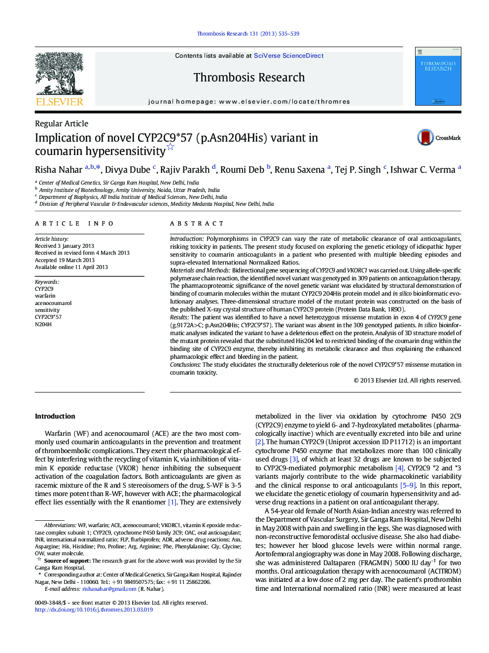 Implication of novel CYP2C9*57 (p.Asn204His) variant in coumarin hypersensitivity 