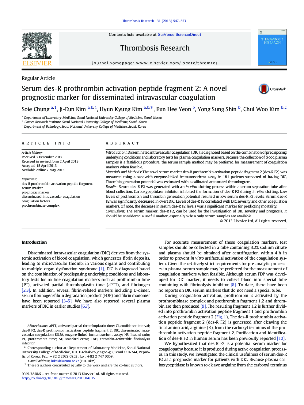 Serum des-R prothrombin activation peptide fragment 2: A novel prognostic marker for disseminated intravascular coagulation