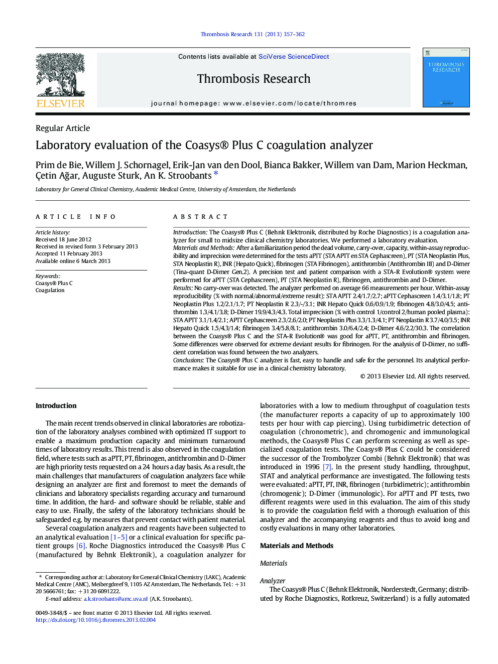 Laboratory evaluation of the Coasys® Plus C coagulation analyzer