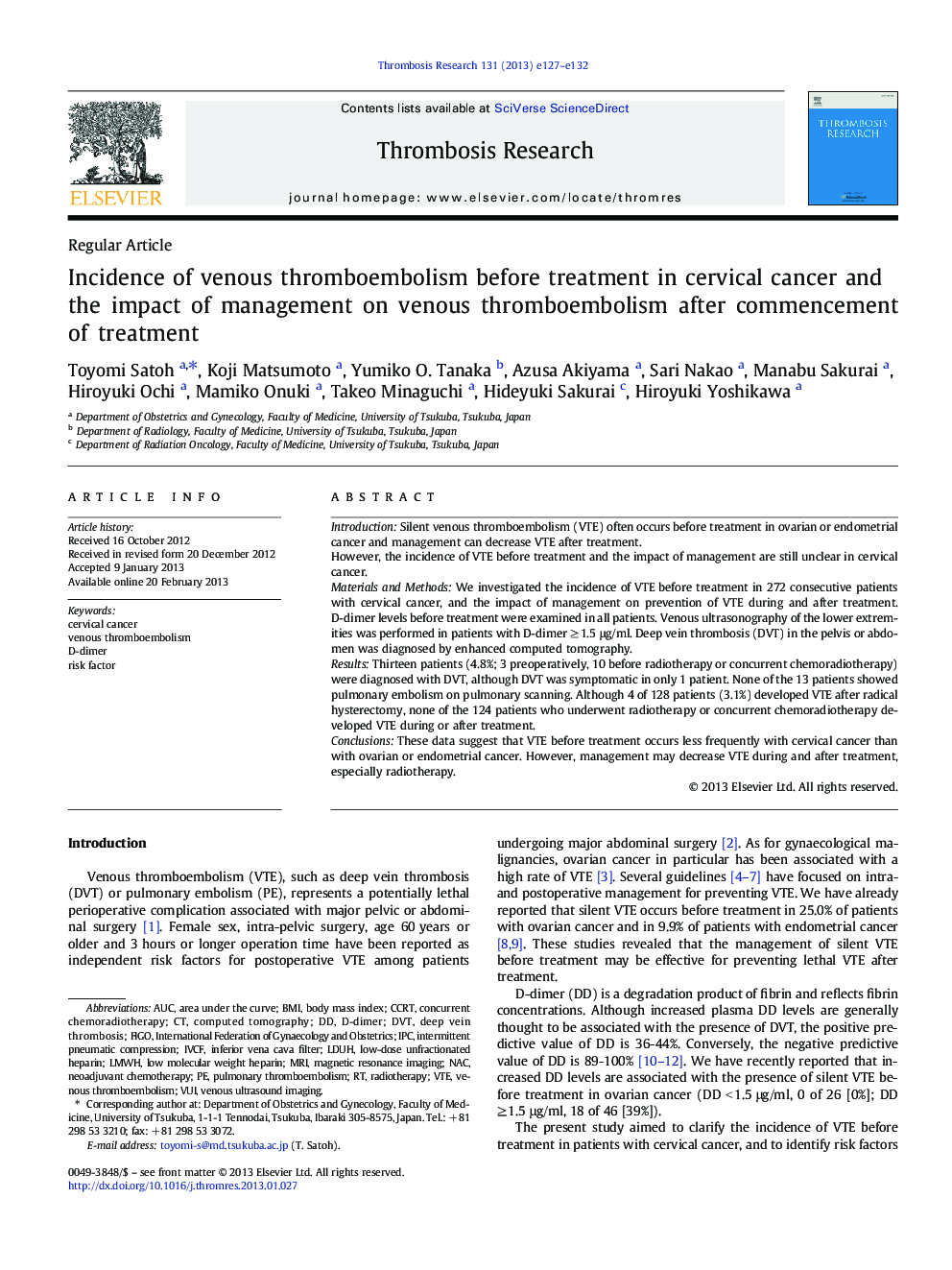 Incidence of venous thromboembolism before treatment in cervical cancer and the impact of management on venous thromboembolism after commencement of treatment