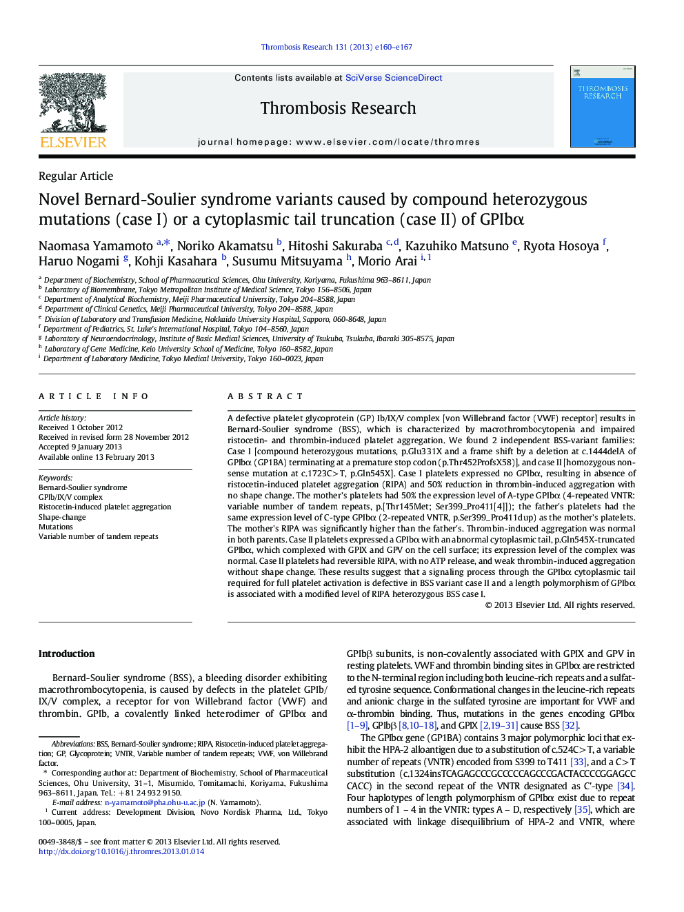 Novel Bernard-Soulier syndrome variants caused by compound heterozygous mutations (case I) or a cytoplasmic tail truncation (case II) of GPIbα