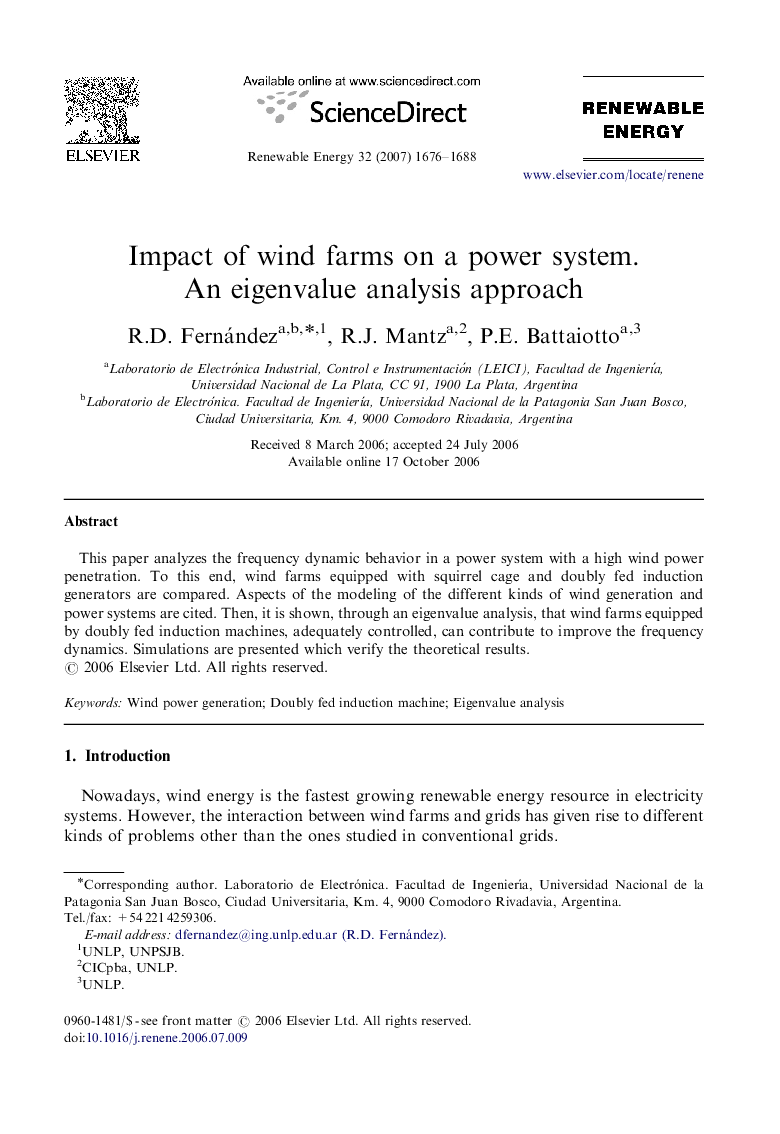 عکس صفحه اول مقاله: Impact of wind farms on a power system. An eigenvalue analysis approach Impact of wind farms on a power system. An eigenvalue analysis approach