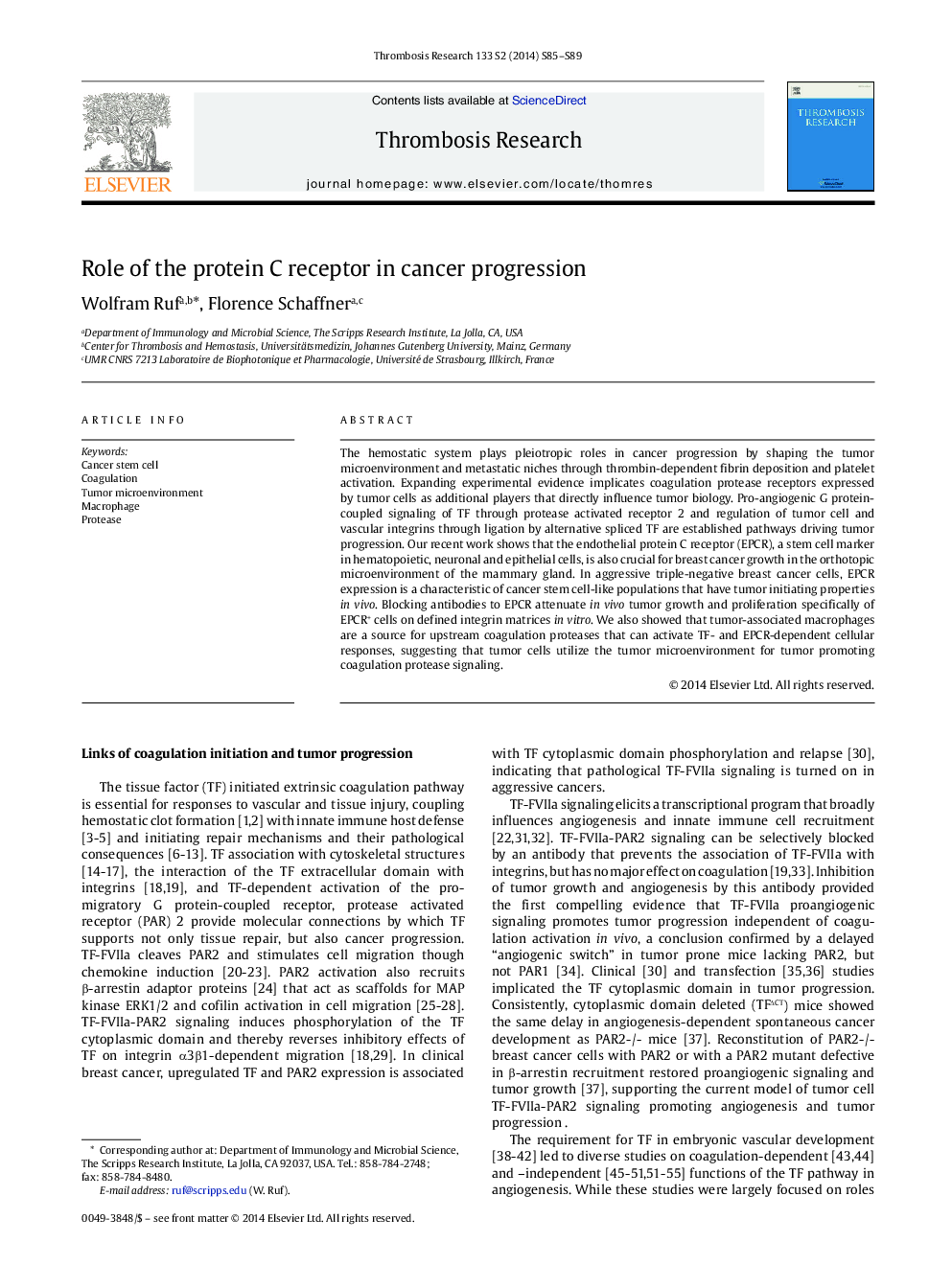 Role of the protein C receptor in cancer progression