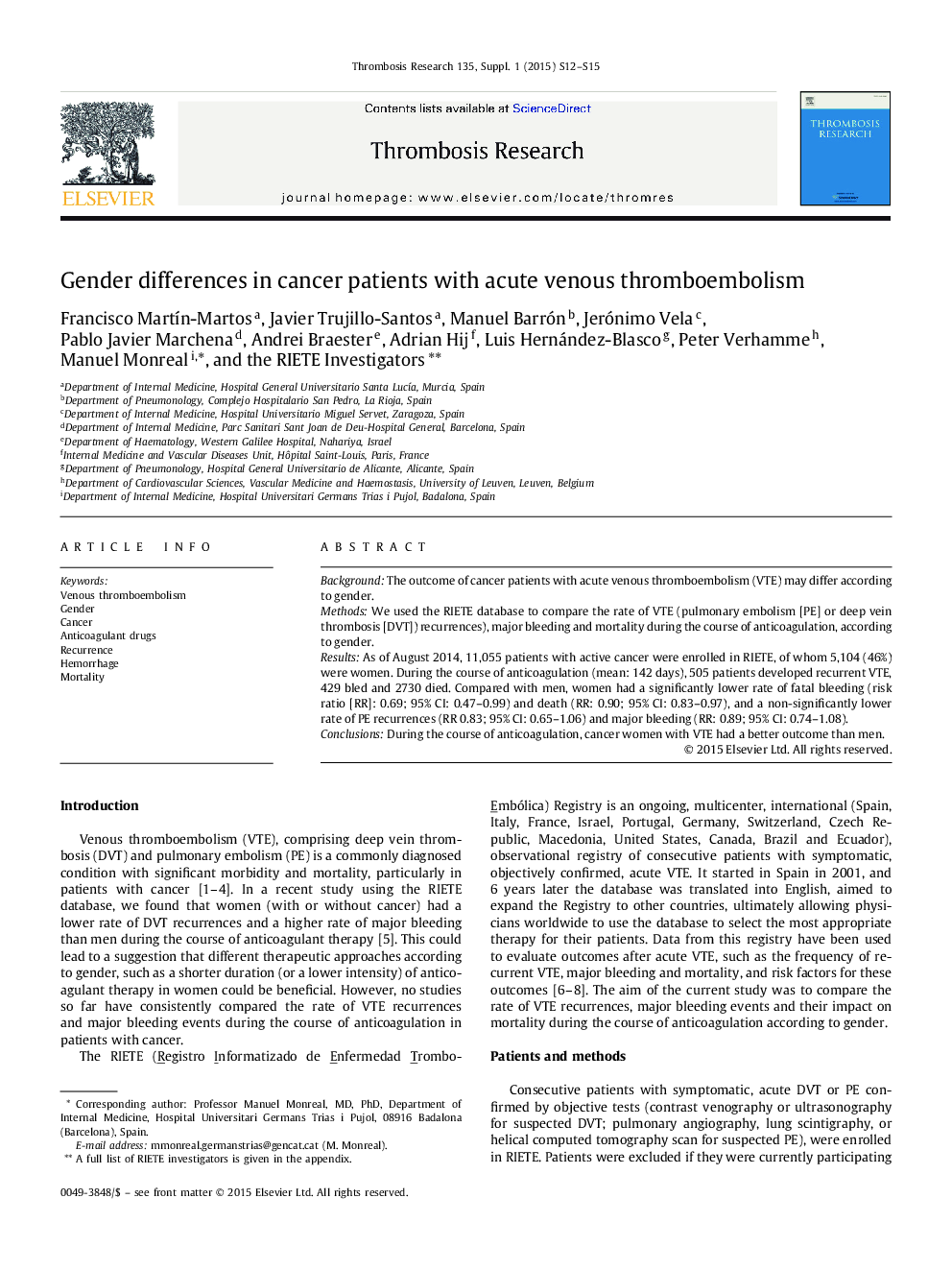 Gender differences in cancer patients with acute venous thromboembolism