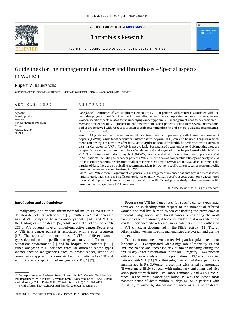 Guidelines for the management of cancer and thrombosis – Special aspects in women