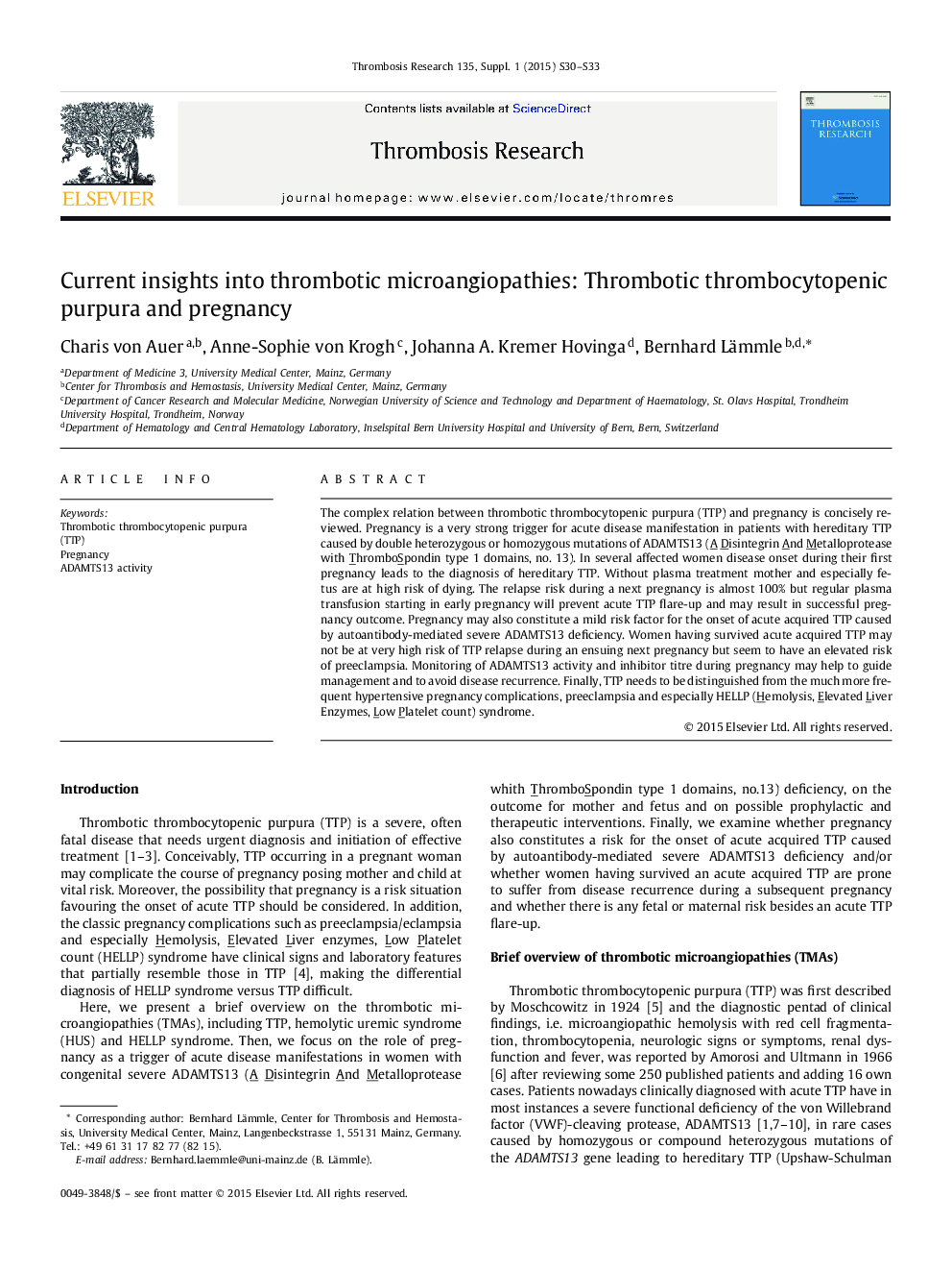 Current insights into thrombotic microangiopathies: Thrombotic thrombocytopenic purpura and pregnancy