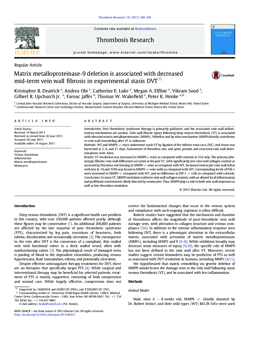 Matrix metalloproteinase-9 deletion is associated with decreased mid-term vein wall fibrosis in experimental stasis DVT 