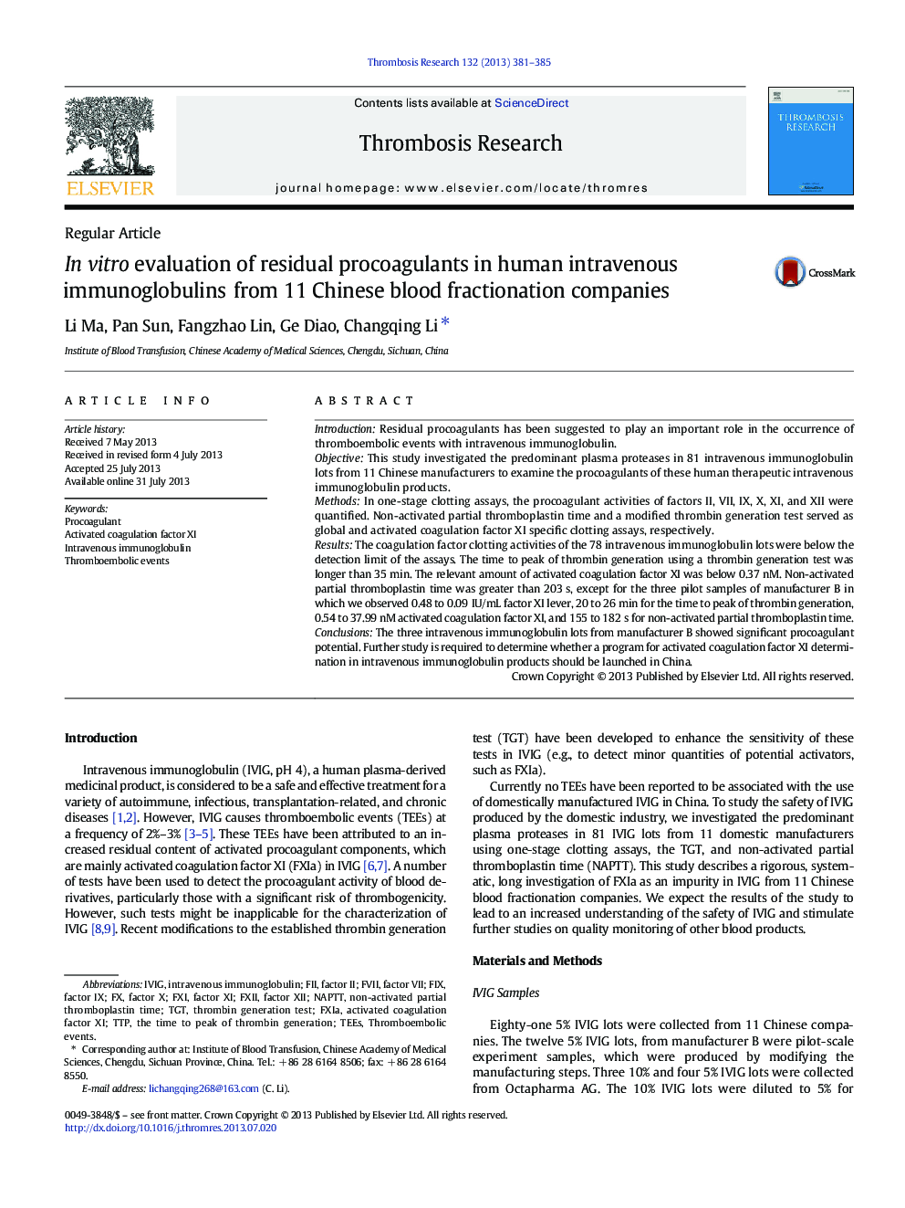 In vitro evaluation of residual procoagulants in human intravenous immunoglobulins from 11 Chinese blood fractionation companies