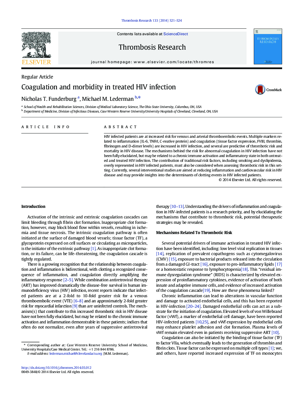 Coagulation and morbidity in treated HIV infection