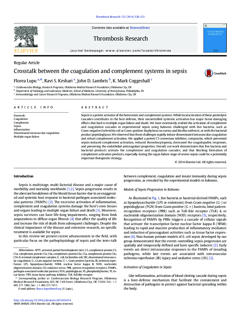 Crosstalk between the coagulation and complement systems in sepsis