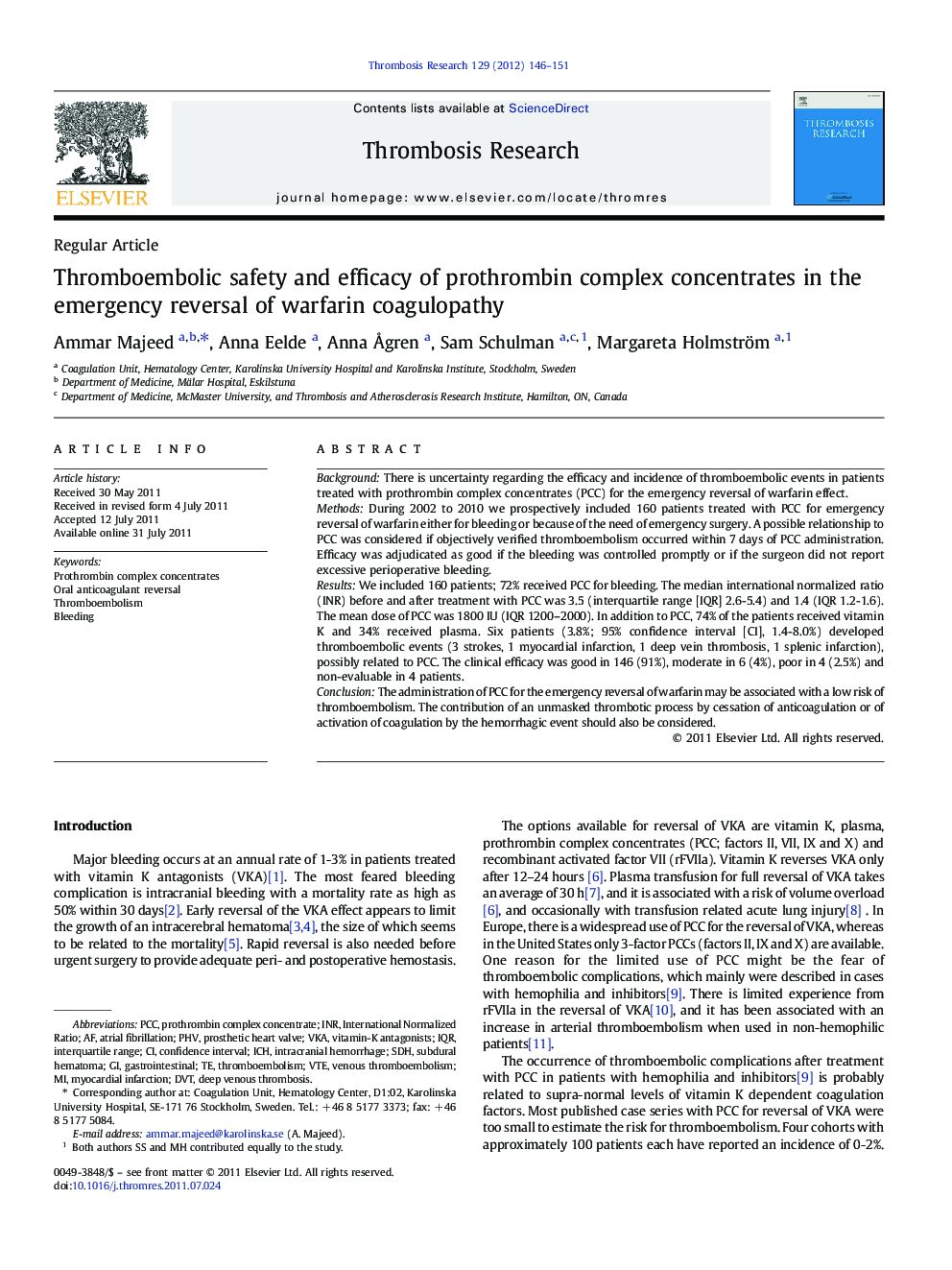 Thromboembolic safety and efficacy of prothrombin complex concentrates in the emergency reversal of warfarin coagulopathy