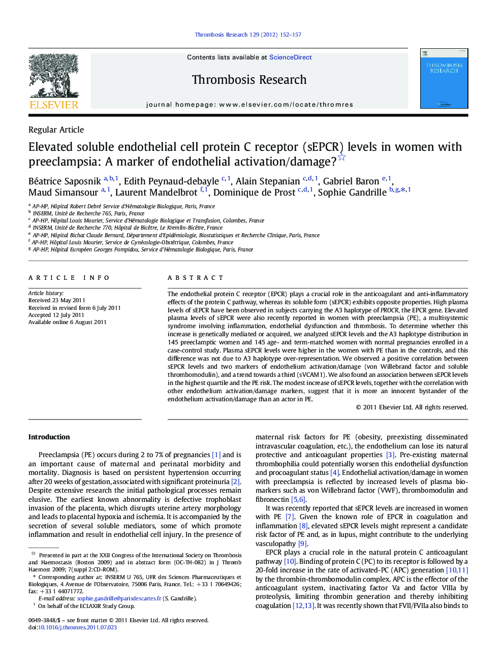 عکس صفحه اول مقاله: Elevated soluble endothelial cell protein C receptor (sEPCR) levels in women with preeclampsia: A marker of endothelial activation/damage? Elevated soluble endothelial cell protein C receptor (sEPCR) levels in women with preeclampsia: A marker of endothelial activation/damage?
