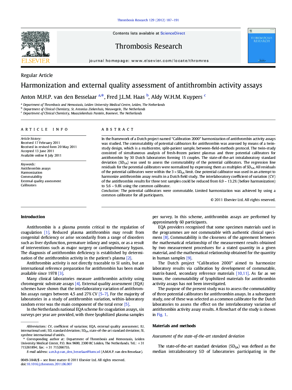 Harmonization and external quality assessment of antithrombin activity assays