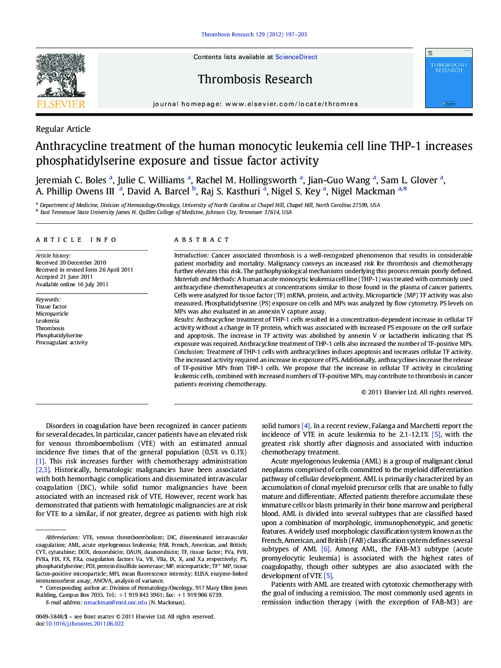 Anthracycline treatment of the human monocytic leukemia cell line THP-1 increases phosphatidylserine exposure and tissue factor activity