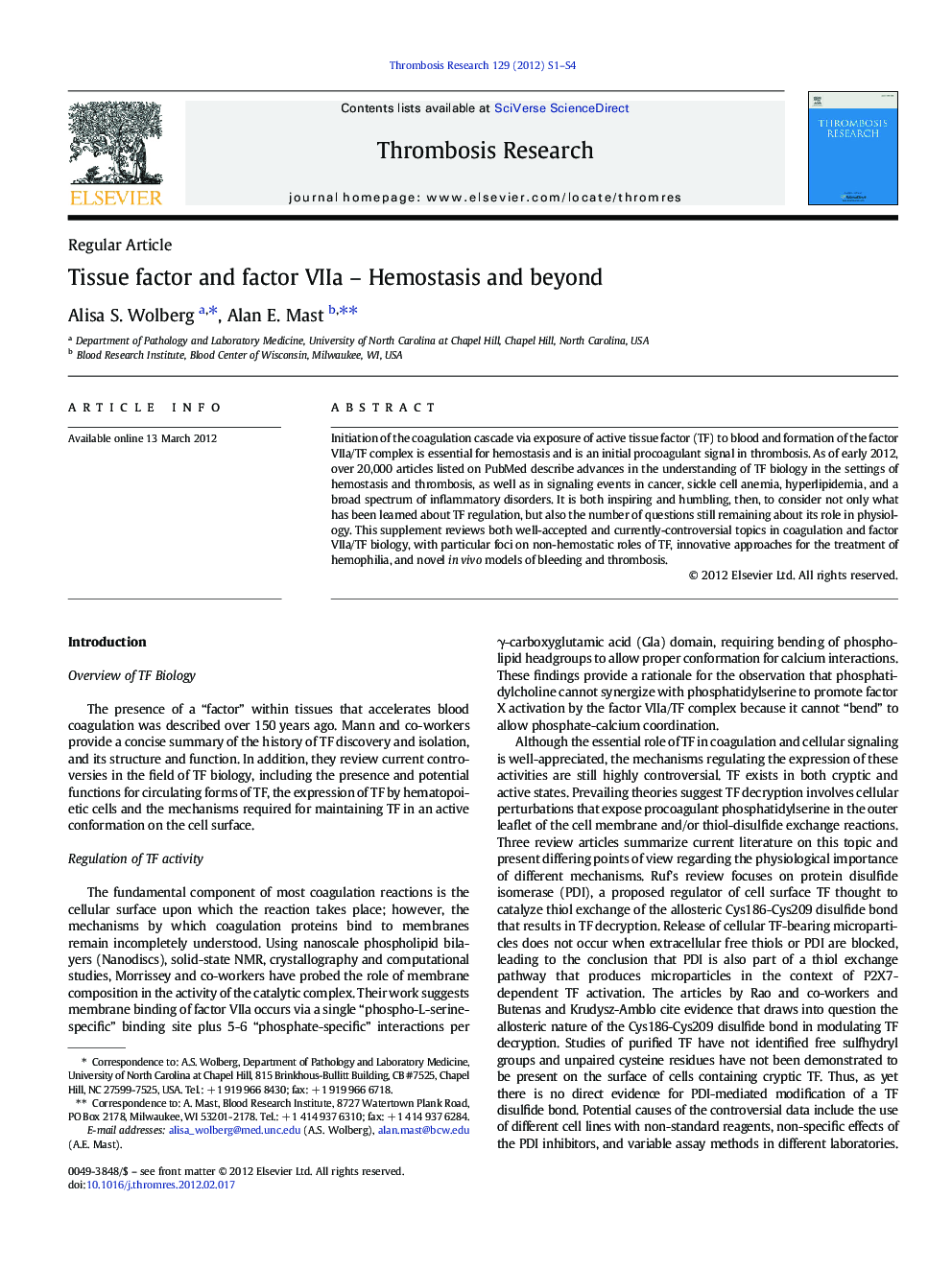 Tissue factor and factor VIIa – Hemostasis and beyond