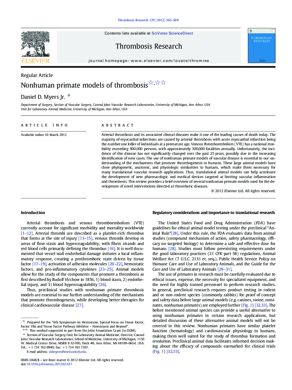 Nonhuman primate models of thrombosis 