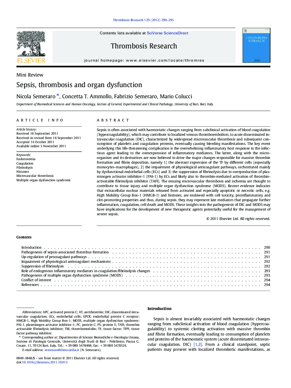 Sepsis, thrombosis and organ dysfunction