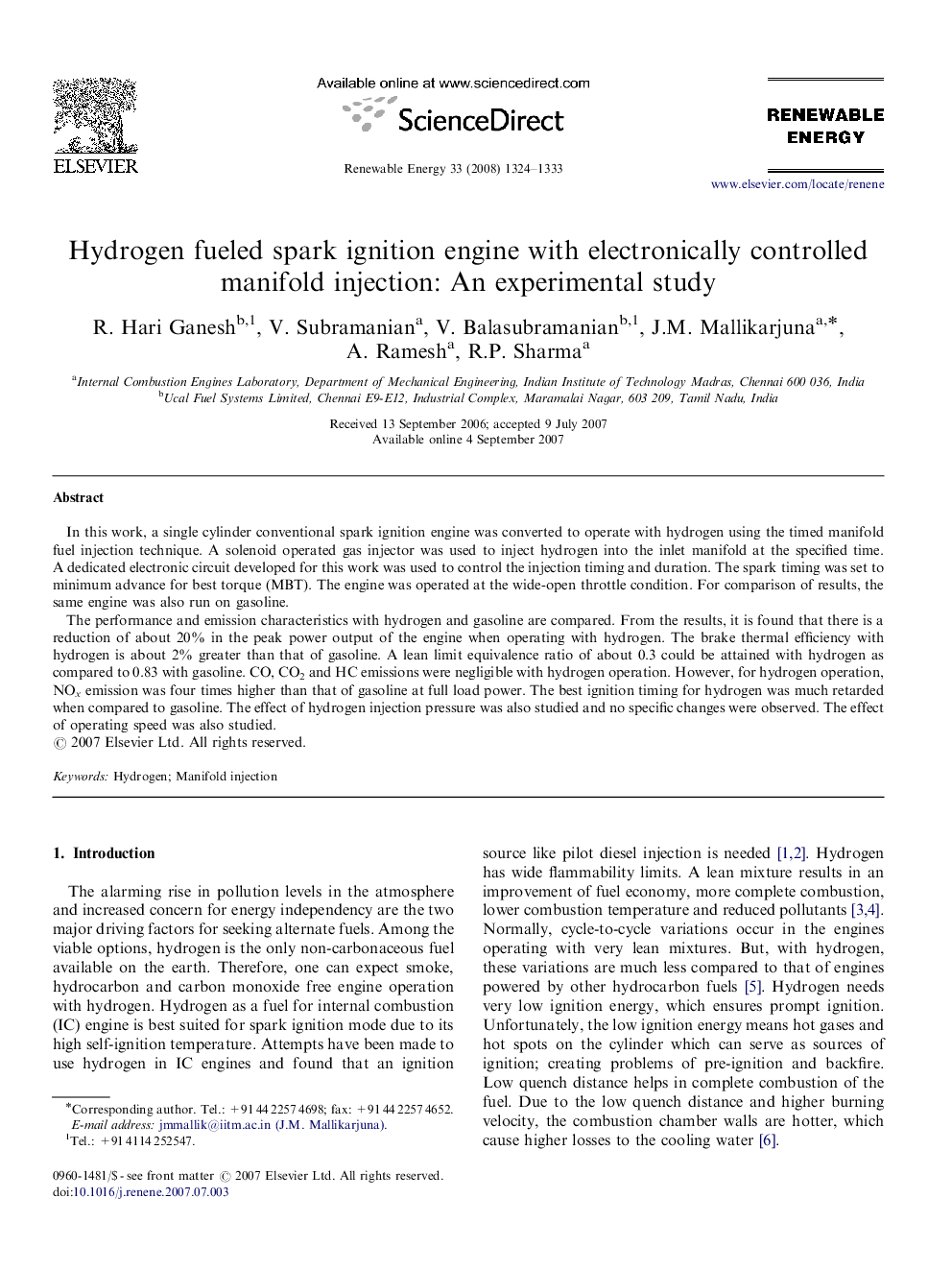 Hydrogen fueled spark ignition engine with electronically controlled manifold injection: An experimental study