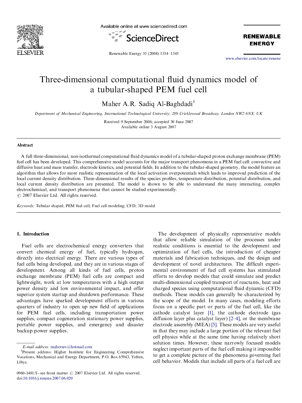 Three-dimensional computational fluid dynamics model of a tubular-shaped PEM fuel cell