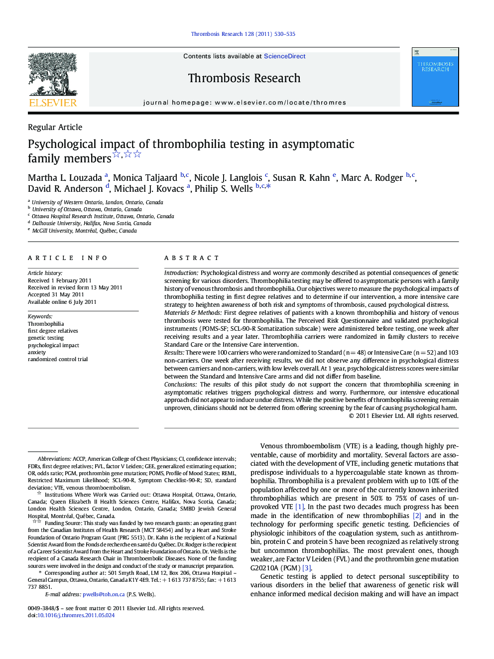 Psychological impact of thrombophilia testing in asymptomatic family members 