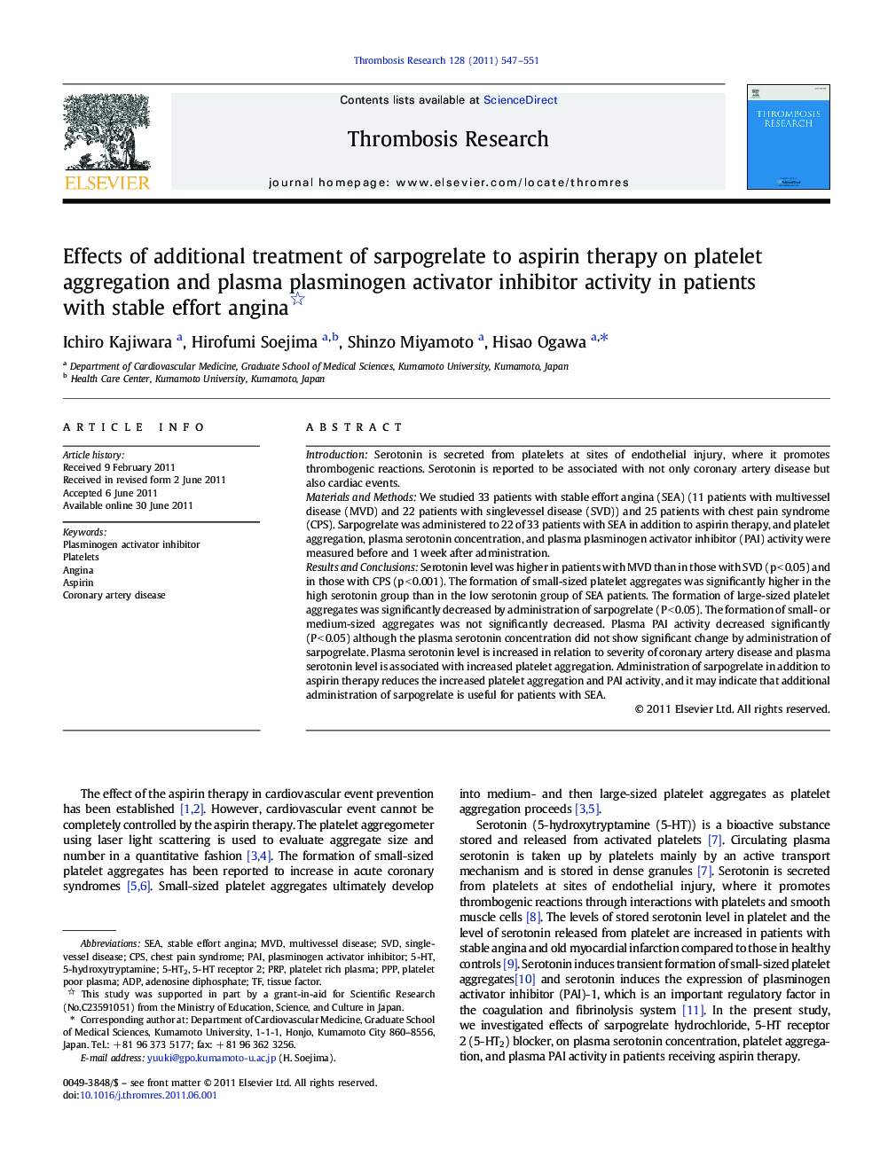 Effects of additional treatment of sarpogrelate to aspirin therapy on platelet aggregation and plasma plasminogen activator inhibitor activity in patients with stable effort angina 