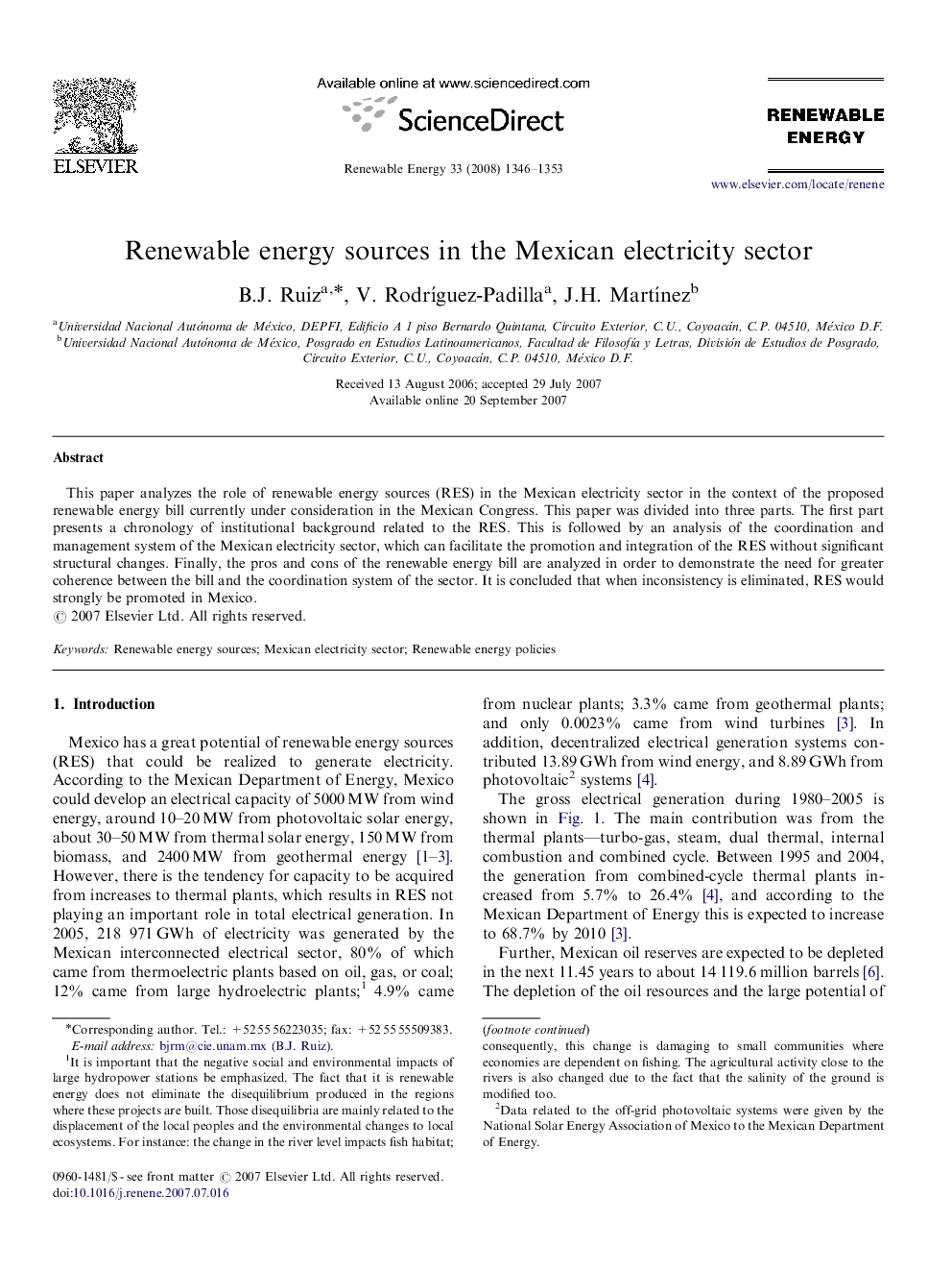 Renewable energy sources in the Mexican electricity sector