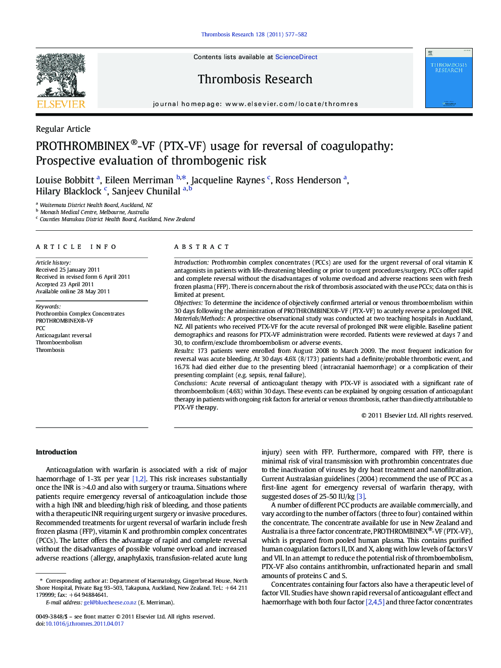 PROTHROMBINEX®-VF (PTX-VF) usage for reversal of coagulopathy: Prospective evaluation of thrombogenic risk