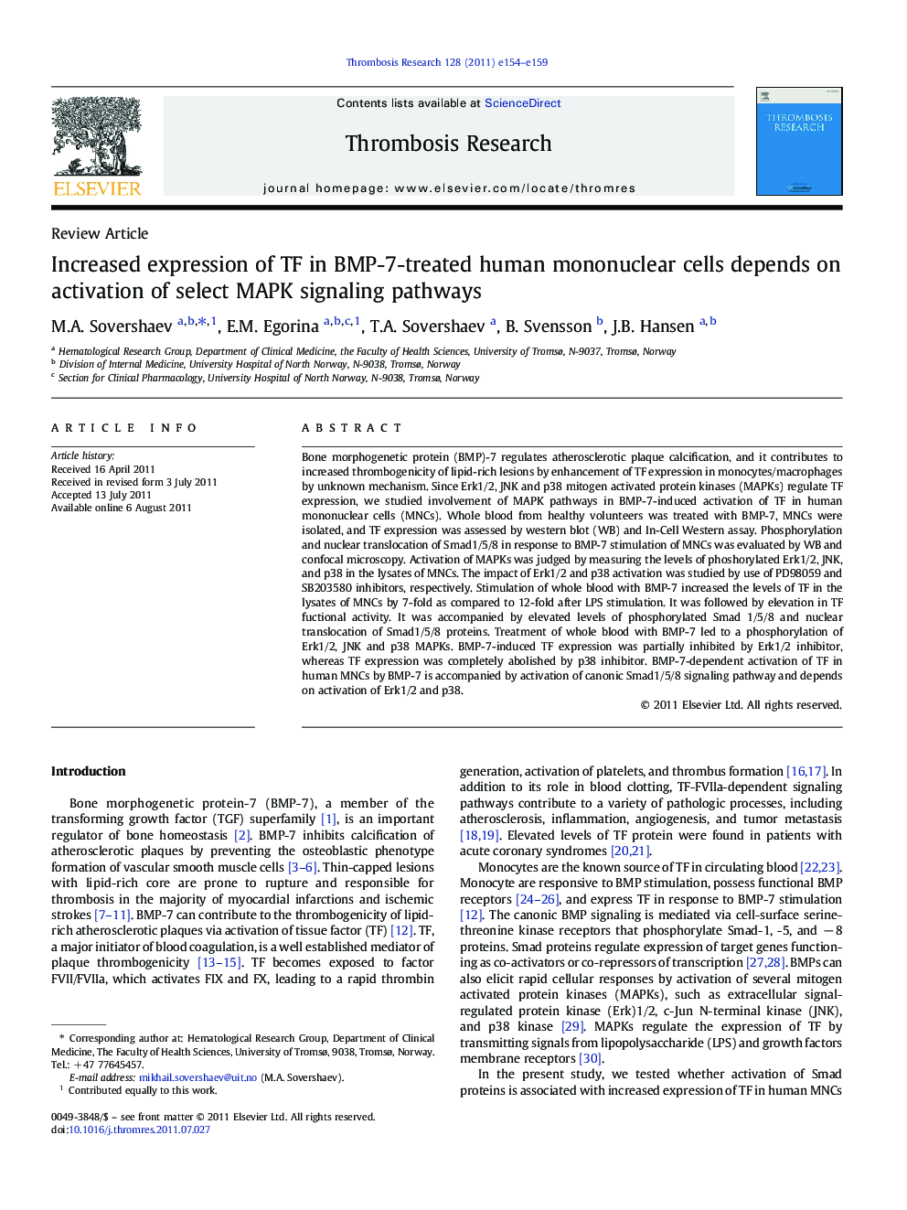 Increased expression of TF in BMP-7-treated human mononuclear cells depends on activation of select MAPK signaling pathways