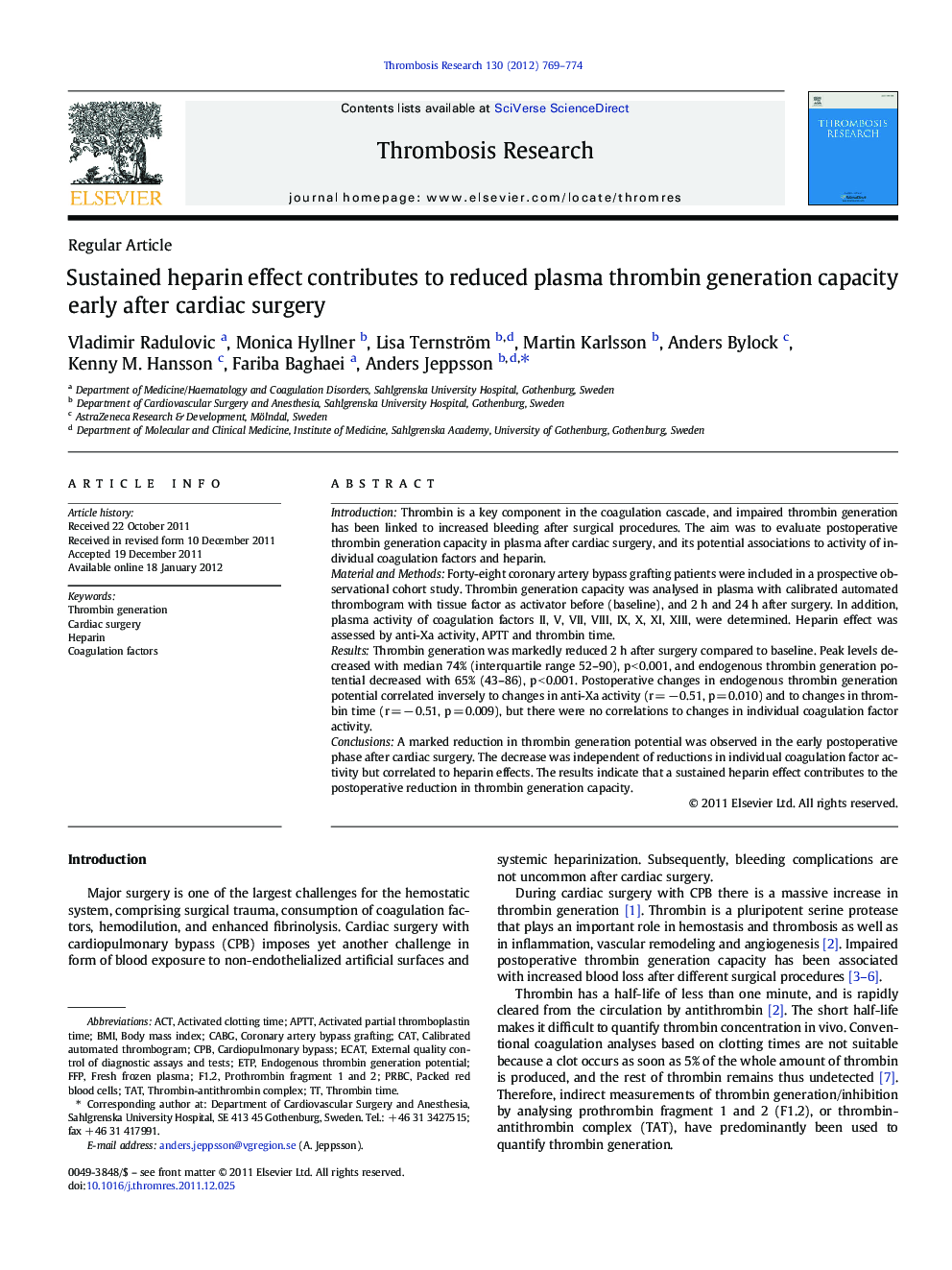 Sustained heparin effect contributes to reduced plasma thrombin generation capacity early after cardiac surgery