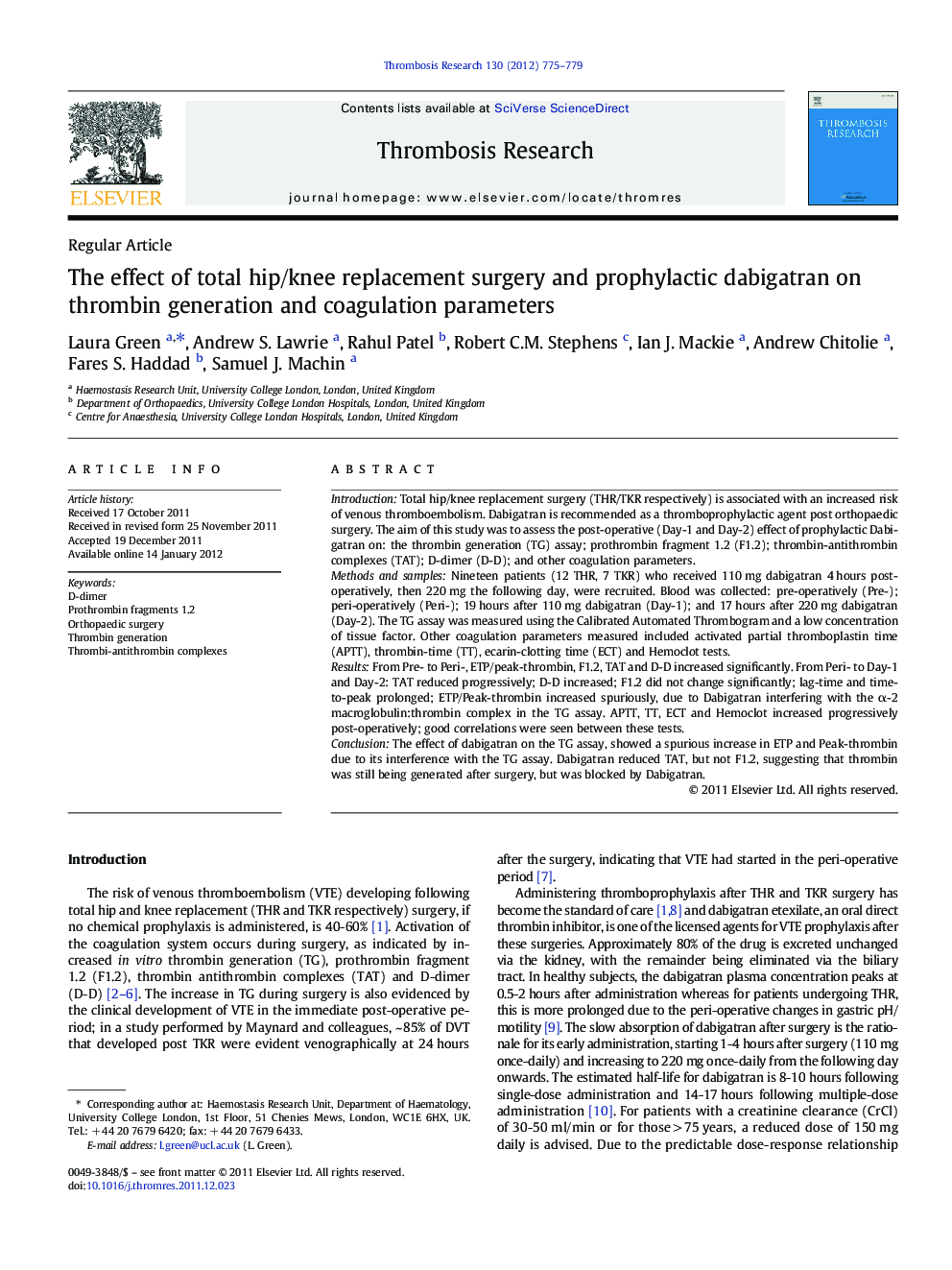 The effect of total hip/knee replacement surgery and prophylactic dabigatran on thrombin generation and coagulation parameters