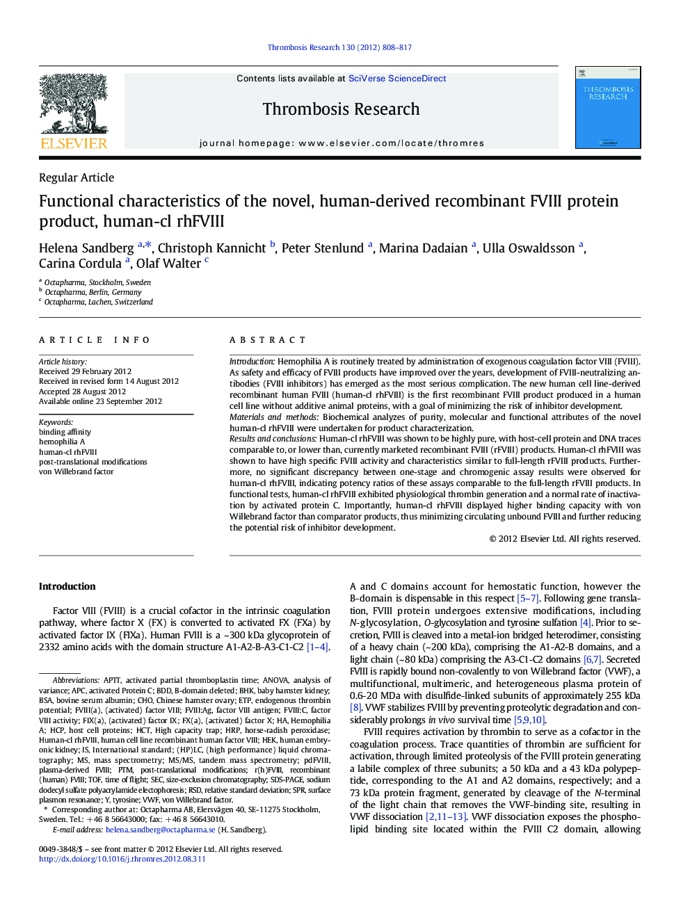 Functional characteristics of the novel, human-derived recombinant FVIII protein product, human-cl rhFVIII