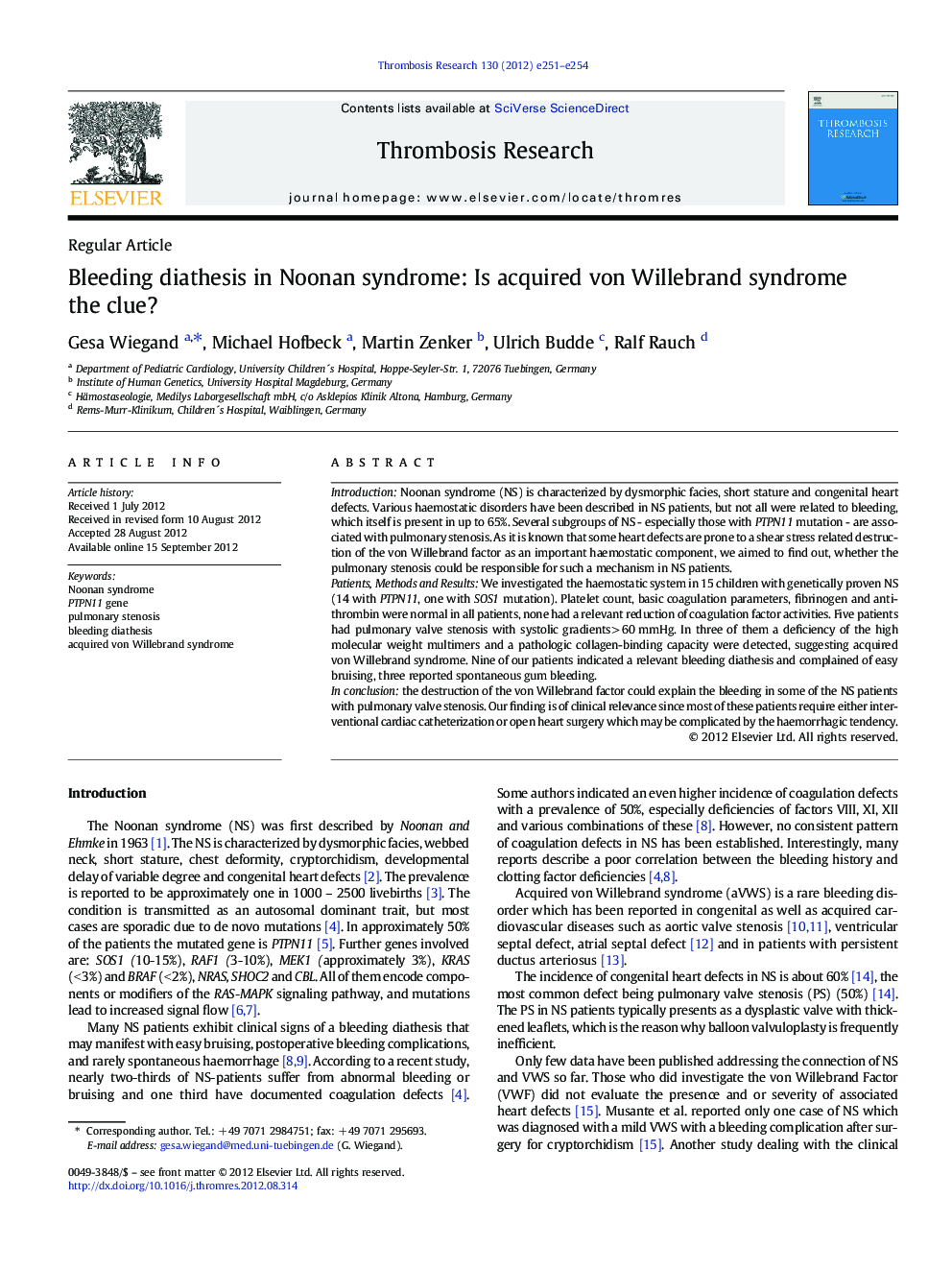 Bleeding diathesis in Noonan syndrome: Is acquired von Willebrand syndrome the clue?