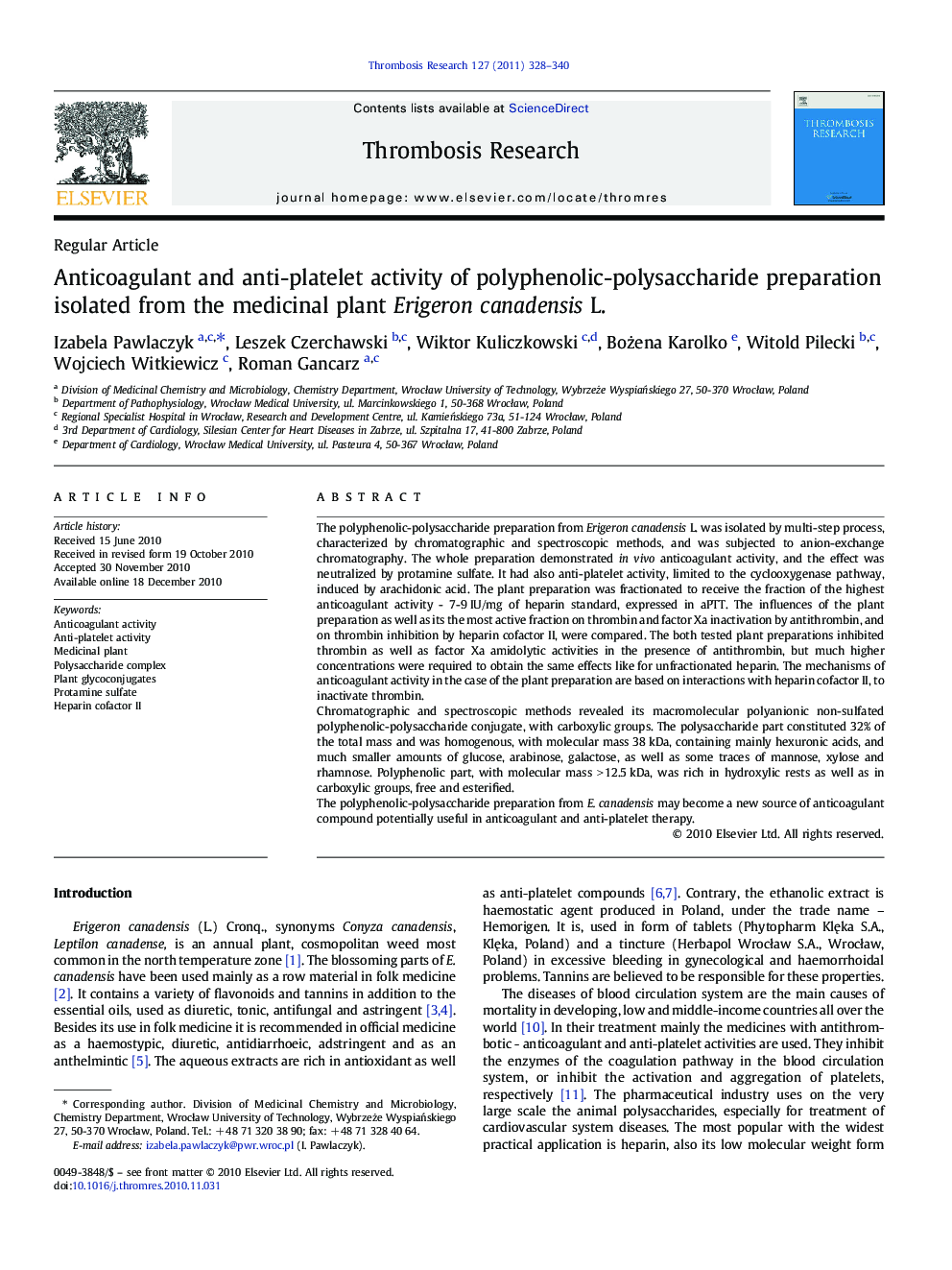 Anticoagulant and anti-platelet activity of polyphenolic-polysaccharide preparation isolated from the medicinal plant Erigeron canadensis L.