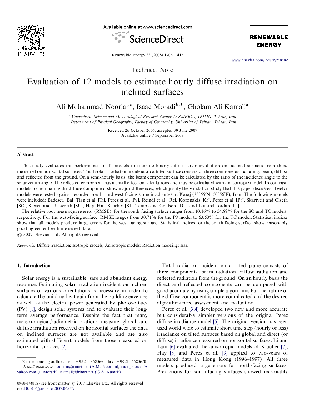 Evaluation of 12 models to estimate hourly diffuse irradiation on inclined surfaces