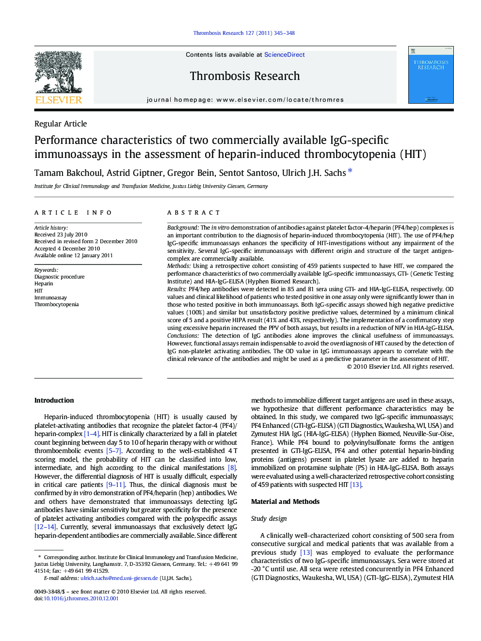 Performance characteristics of two commercially available IgG-specific immunoassays in the assessment of heparin-induced thrombocytopenia (HIT)