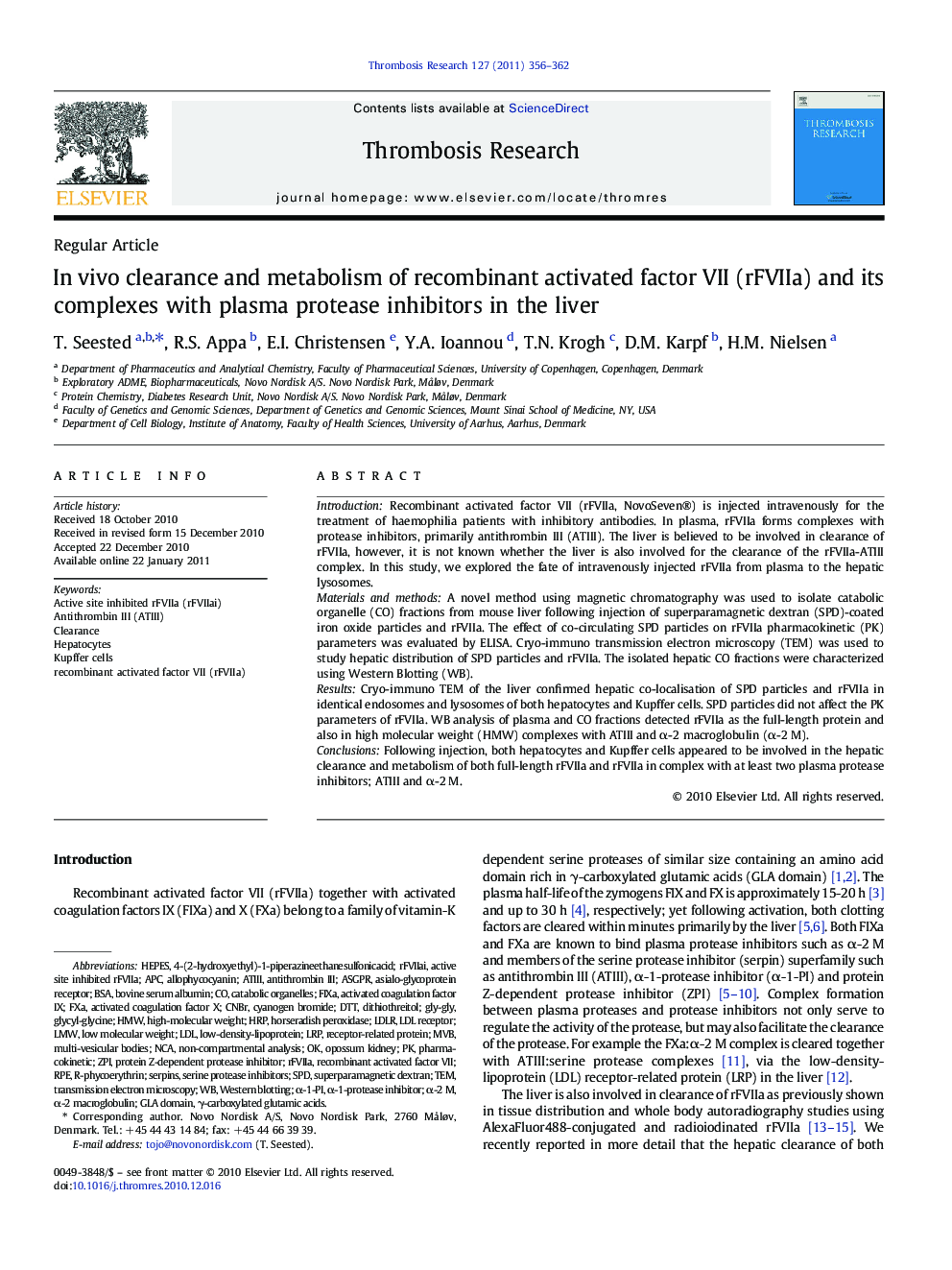 In vivo clearance and metabolism of recombinant activated factor VII (rFVIIa) and its complexes with plasma protease inhibitors in the liver