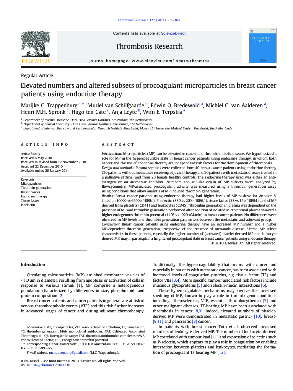 Elevated numbers and altered subsets of procoagulant microparticles in breast cancer patients using endocrine therapy