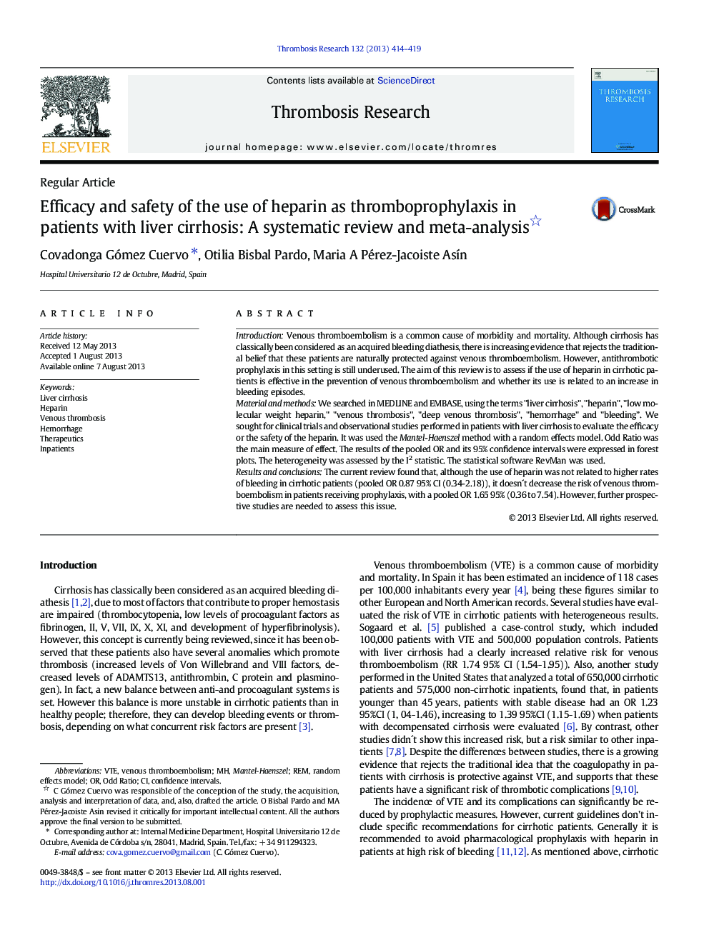 Efficacy and safety of the use of heparin as thromboprophylaxis in patients with liver cirrhosis: A systematic review and meta-analysis 